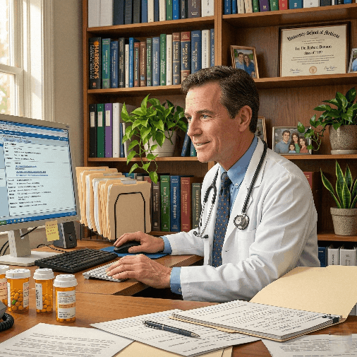 A doctor using technology